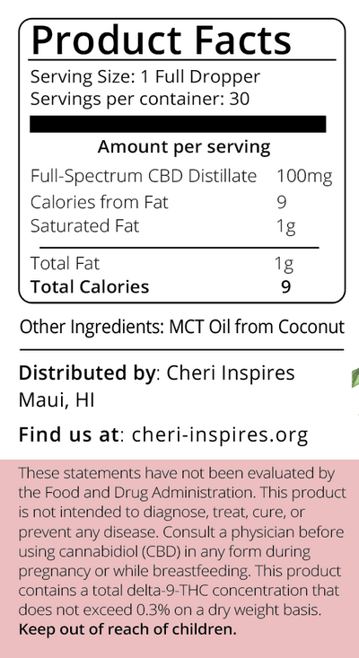Cheri's Wellness Oil: 100mg CBD per serving, 30 servings